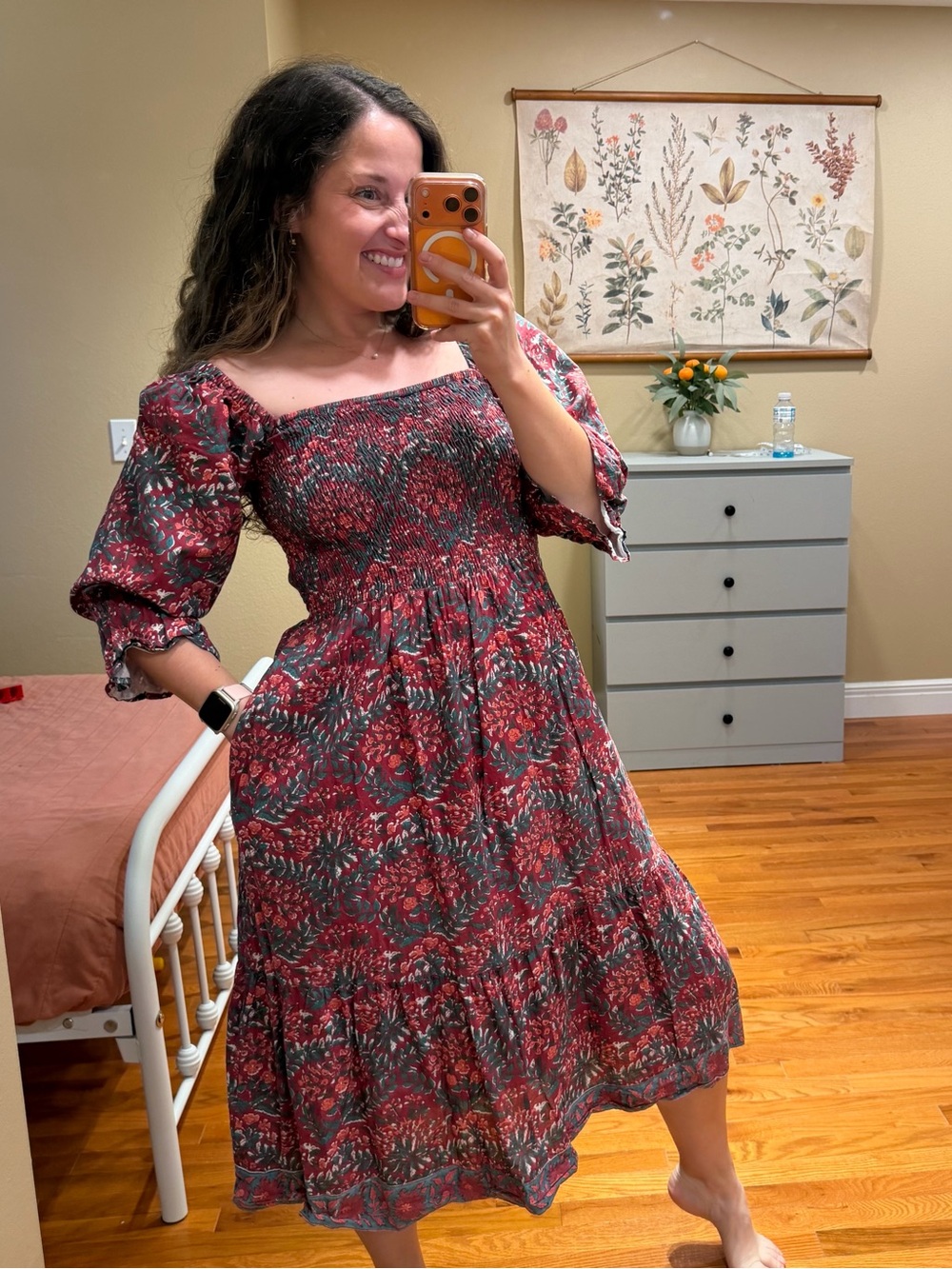 Victoria Dunn Cotton Square-Neck Red Floral Midi Dress - Women Small - Picture 4 of 14